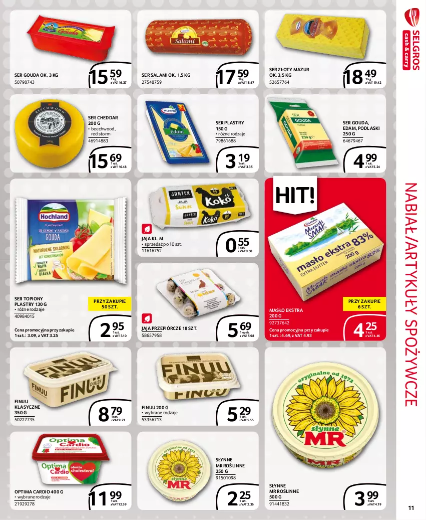 Gazetka promocyjna Selgros - Extra Oferta - ważna 01.10 do 31.10.2021 - strona 11 - produkty: Artykuły spożywcze, Cheddar, Edam, Finuu, Gouda, Jaja, Masło, Optima, Optima Cardio, Podlaski, Salami, Ser, Ser salami, Ser topiony, Słynne, Słynne MR Roślinne, Top, Złoty Mazur