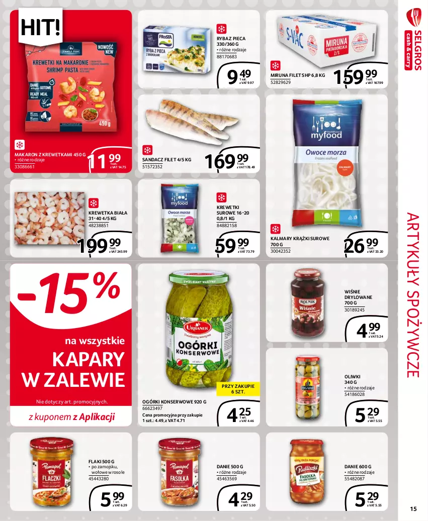 Gazetka promocyjna Selgros - Extra Oferta - ważna 01.10 do 31.10.2021 - strona 15 - produkty: Artykuły spożywcze, Flaki, HP, Kalmar, Kalmary, Kapary, Krewetki, Makaron, Miruna, Ogórki konserwowe, Oliwki, Piec, Ryba, Sandacz, Sandacz filet, Ser