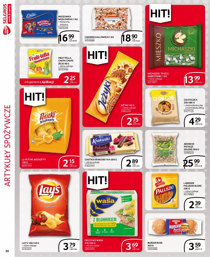 Gazetka promocyjna Selgros - Extra Oferta - ważna 01.10 do 31.10.2021 - strona 26 - produkty: Artykuły spożywcze, Biszkopty, Burger, Chupa Chups, Ciastka, Cukier, Cukierki, Jeżyki, Krakus, Krakuski, Lajkonik, Lay’s, Mieszanka wedlowska, Mola, Piec, Pieczywo, Pistacje, Wasa