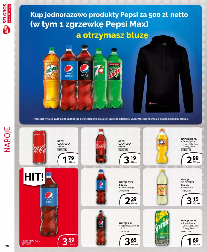 Gazetka promocyjna Selgros - Extra Oferta - ważna 01.10 do 31.10.2021 - strona 28 - produkty: 7up, Coca-Cola, Fa, Fanta, Mirinda, Napój, Napoje, Pepsi, Pepsi max, Schweppes, Sprite