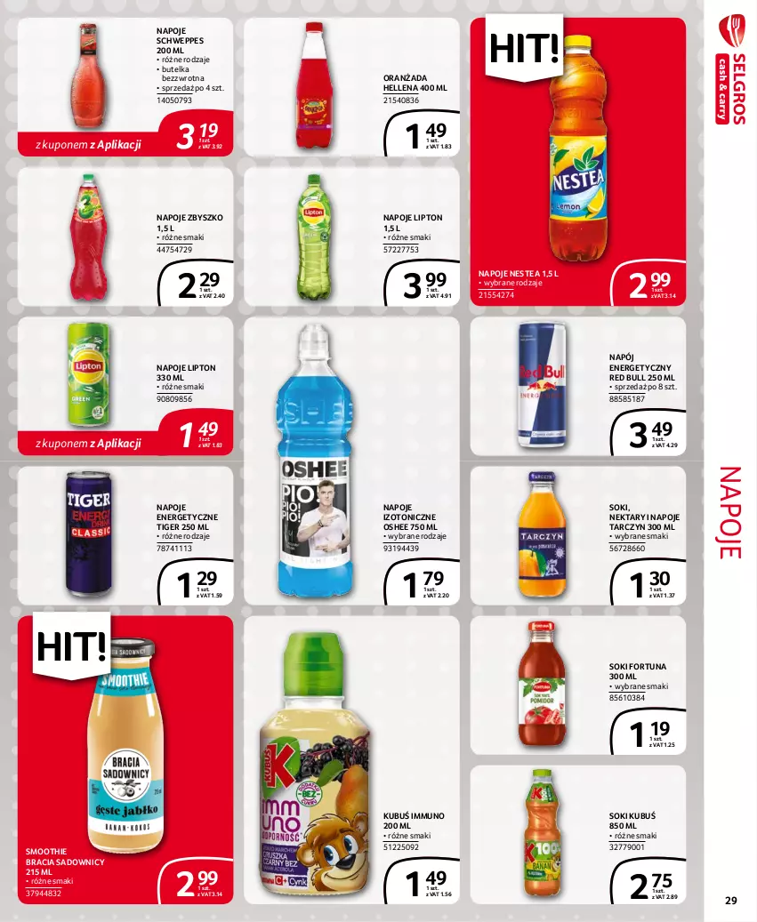 Gazetka promocyjna Selgros - Extra Oferta - ważna 01.10 do 31.10.2021 - strona 29 - produkty: Fortuna, Hellena, Kubuś, Lipton, Napój, Napój energetyczny, Napoje, Nektar, Nestea, Oranżada, Oshee, Red Bull, Schweppes, Smoothie, Sok, Tiger