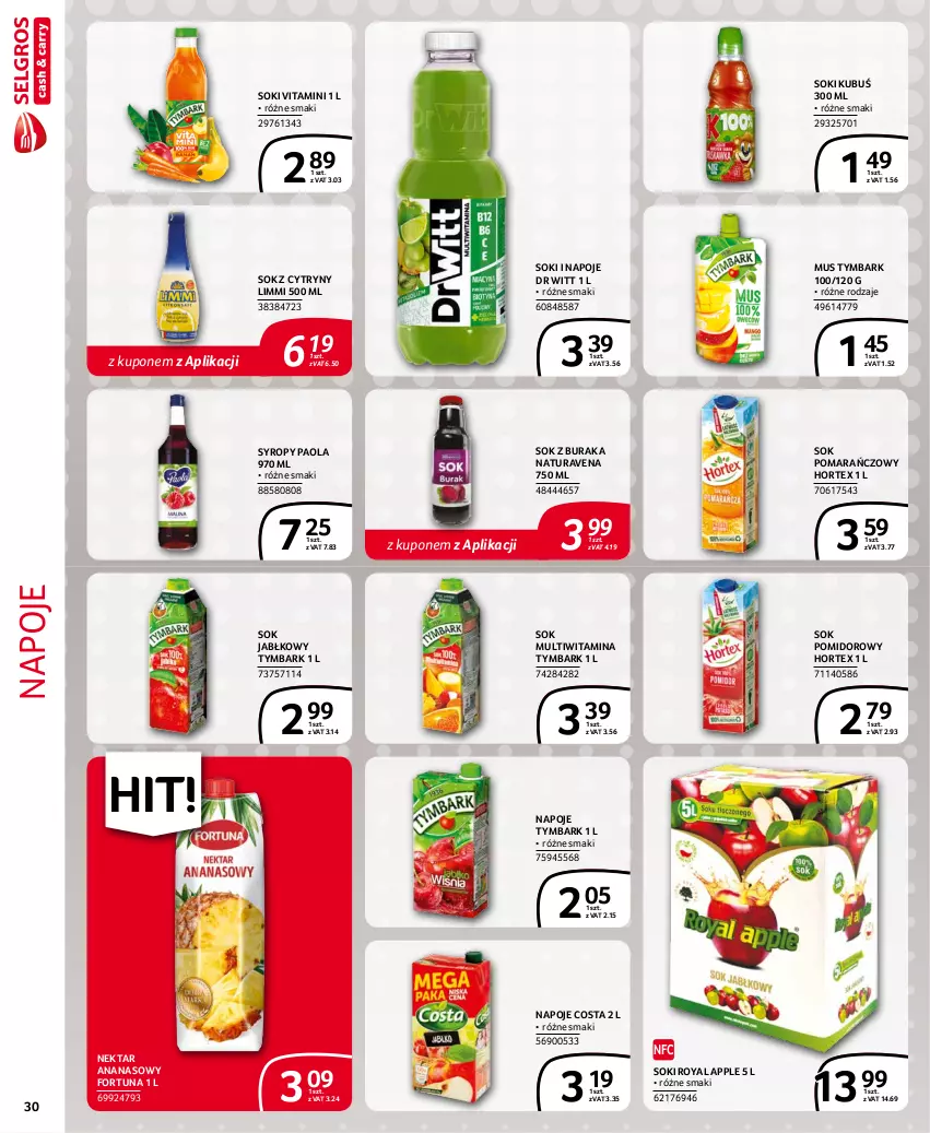 Gazetka promocyjna Selgros - Extra Oferta - ważna 01.10 do 31.10.2021 - strona 30 - produkty: Ananas, Cytryny, Fortuna, Hortex, Kubuś, Mus, Napoje, Nektar, Paola, Sok, Sok jabłkowy, Sok pomarańczowy, Sok pomidorowy, Syrop, Syropy, Tymbark