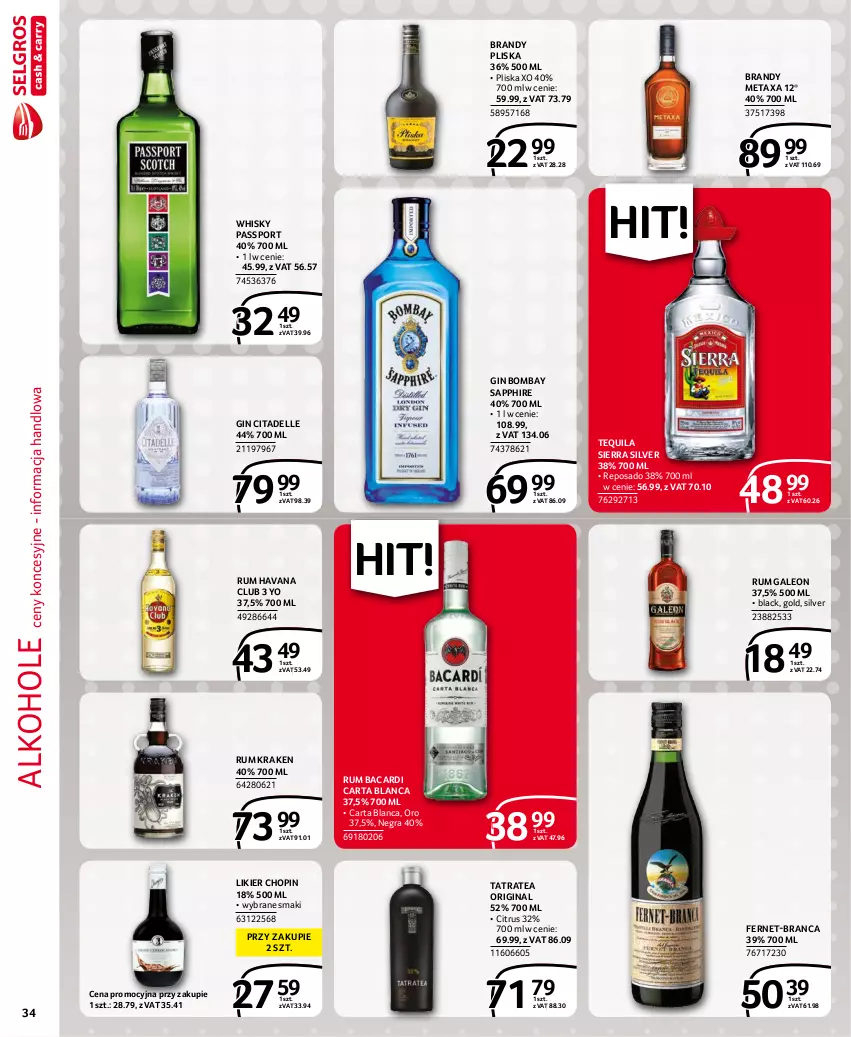 Gazetka promocyjna Selgros - Extra Oferta - ważna 01.10 do 31.10.2021 - strona 34 - produkty: Alkohole, Bacardi, Brandy, Dell, Gin, Gra, Lack, Leon, Likier, Metaxa, Pliska, Por, Rum, Sport, Tatra, Tequila, Whisky