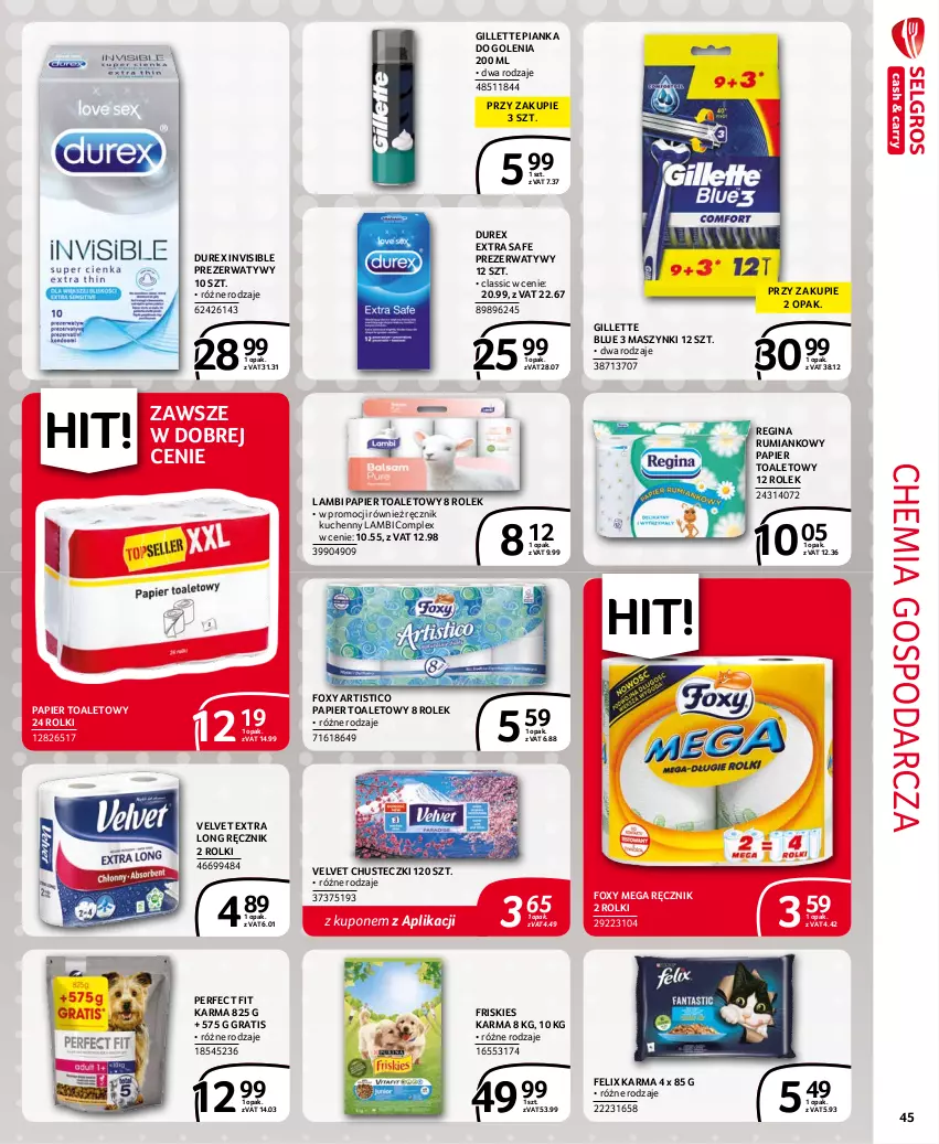 Gazetka promocyjna Selgros - Extra Oferta - ważna 01.10 do 31.10.2021 - strona 45 - produkty: Chusteczki, Durex, Felix, Foxy, Friskies, Gillette, Gin, Gra, Papier, Papier toaletowy, Pianka do golenia, Prezerwatyw, Ręcznik, Ręcznik kuchenny, Rolki, Rum, Velvet