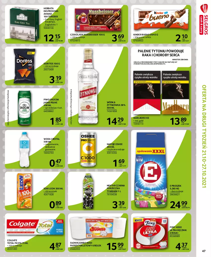 Gazetka promocyjna Selgros - Extra Oferta - ważna 01.10 do 31.10.2021 - strona 47 - produkty: Colgate, Colgate Total, Czekolada, Earl Grey, Fa, Foxy, Herbata, Kinder, Kinder Bueno, Koc, Leon, LG, Napoje, Nektar, Okocim, Oshee, Papier, Papier toaletowy, Piwo, Por, Ręcznik, Rolki, Ser, Sok, Tymbark, Woda, Wódka