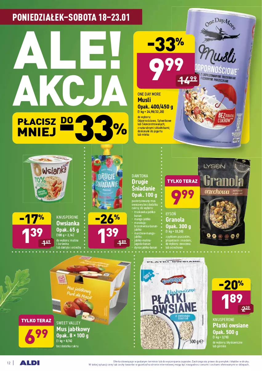 Gazetka promocyjna Aldi - ALE! CENA - ważna 18.01 do 23.01.2021 - strona 12 - produkty: Daktyle, Dawtona, Gra, Granola, Jogurt, Mango, Mus, Owsianka, Płatki owsiane, Por, Propolis, Tera