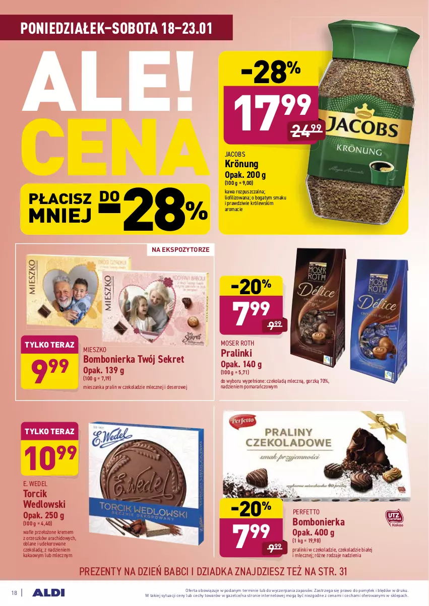 Gazetka promocyjna Aldi - ALE! CENA - ważna 18.01 do 23.01.2021 - strona 18 - produkty: Deser, E. Wedel, Jacobs, Kakao, Kawa, Kawa rozpuszczalna, Kret, Królewski, Moser Roth, Ser, Tera, Wafle