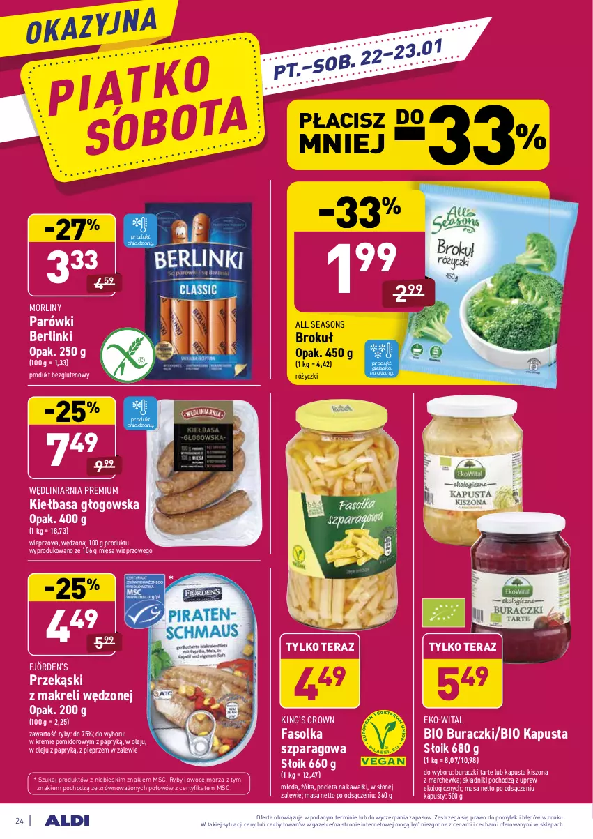 Gazetka promocyjna Aldi - ALE! CENA - ważna 18.01 do 23.01.2021 - strona 24 - produkty: All Seasons, Berlinki, Buraczki, Fa, Kawa, Kiełbasa, Kiełbasa głogowska, King’s Crown, Morliny, Olej, Owoce, Owoce morza, Parówki, Pieprz, Ryby i owoce morza, Tera