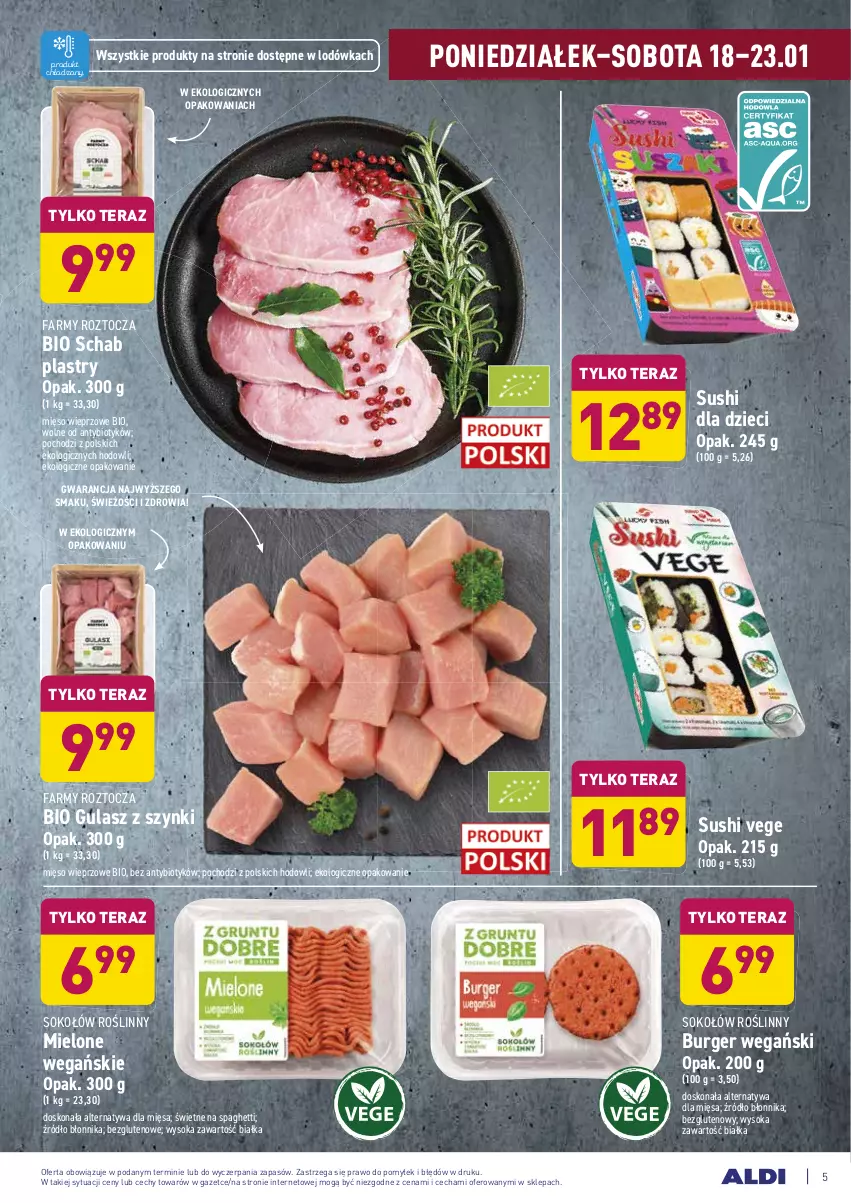 Gazetka promocyjna Aldi - ALE! CENA - ważna 18.01 do 23.01.2021 - strona 5 - produkty: Burger, Dzieci, Fa, Lodówka, Mięso, Mięso wieprzowe, Sok, Sokołów, Spaghetti, Sushi, Tera