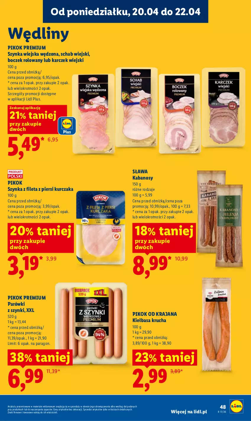 Gazetka promocyjna Lidl - Gazetka ważna od 20.04 do 22.04 - ważna 20.04 do 22.04.2026 - strona 49 - produkty: Boczek, Kabanos, Kiełbasa, Kiełbasa krucha, Kurczak, Parówki, Parówki z szynki, PIKOK, Szynka
