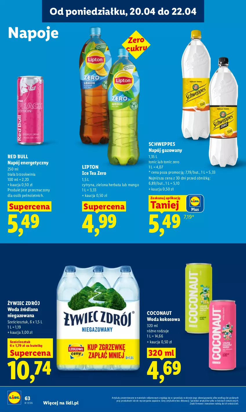 Gazetka promocyjna Lidl - Gazetka ważna od 20.04 do 22.04 - ważna 20.04 do 22.04.2026 - strona 66 - produkty: Herbata, Ice tea, Kokos, LANA, Lipton, Mango, Napój, Napój energetyczny, Napój gazowany, Napoje, Red Bull, Schweppes, Woda