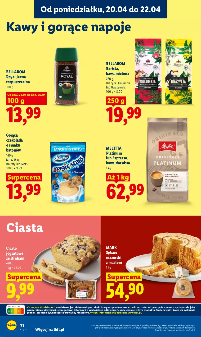Gazetka promocyjna Lidl - Gazetka ważna od 20.04 do 22.04 - ważna 20.04 do 22.04.2026 - strona 74 - produkty: Baton, Bell, Bella, Bounty, Ciasto jogurtowe, Czekolada, Jogurt, Kawa, Kawa mielona, Kawa rozpuszczalna, Kawa ziarnista, Mars, Milky Way, Napoje, Sękacz