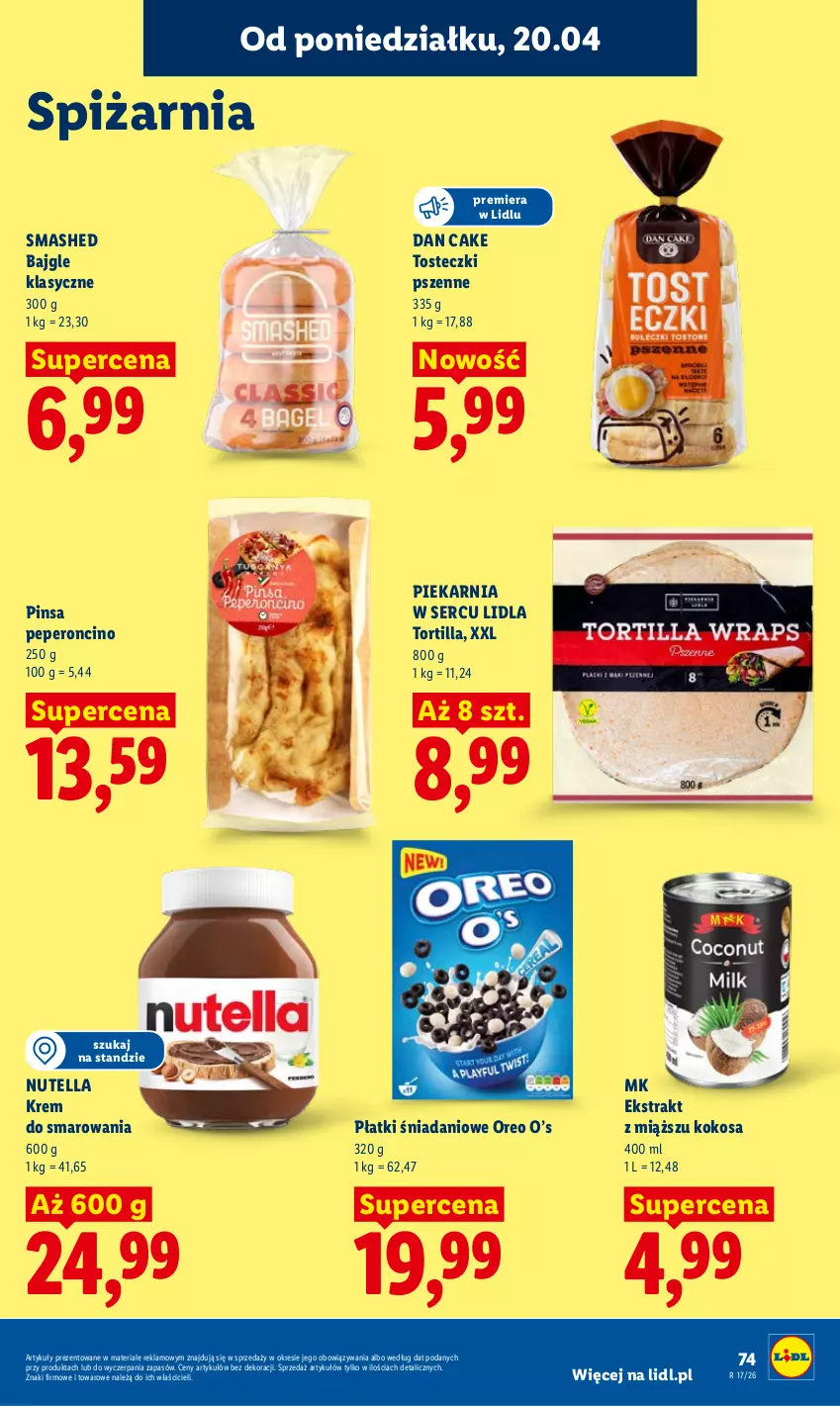 Gazetka promocyjna Lidl - Gazetka ważna od 20.04 do 22.04 - ważna 20.04 do 22.04.2026 - strona 77 - produkty: Bajgle, Dan Cake, Danio, Kokos, Nutella, Oreo, Ser, Tortilla