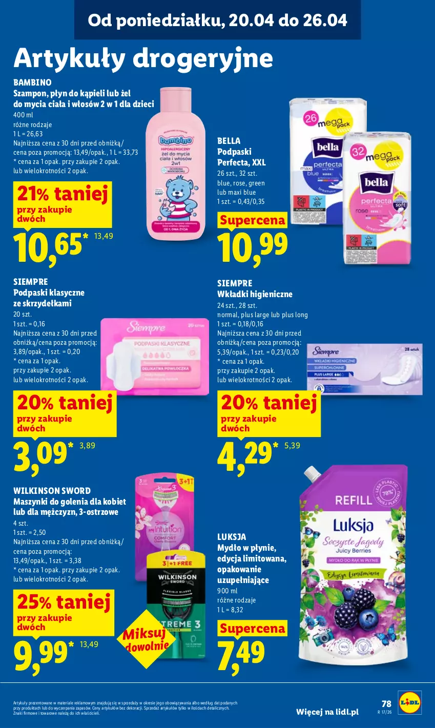 Gazetka promocyjna Lidl - Gazetka ważna od 20.04 do 22.04 - ważna 20.04 do 22.04.2026 - strona 81 - produkty: Bell, Bella, Dzieci, Luksja, Mydło, Mydło w płynie, Perfecta, Płyn do kąpieli, Podpaski, Szampon, Wilkinson Sword, Wkładki