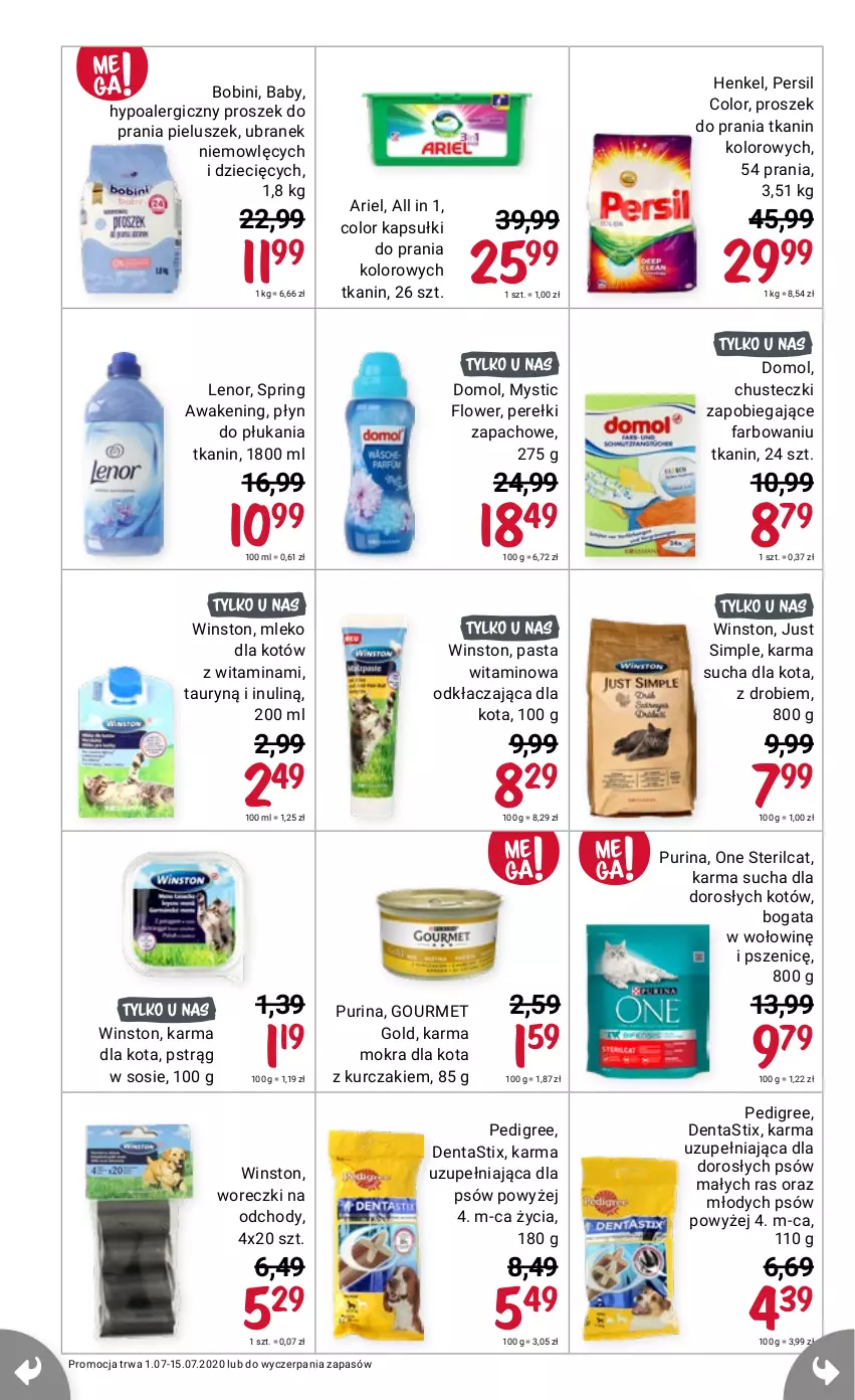 Gazetka promocyjna Rossmann - Lipiec I - ważna 01.07 do 15.06.2021 - strona 14 - produkty: Ariel, Chusteczki, Domol, Fa, Gourmet Gold, Kurczak, Lenor, Mleko, Mleko dla kotów, Pedigree, Persil, Proszek do prania, Pur, Purina, Sos, Winston