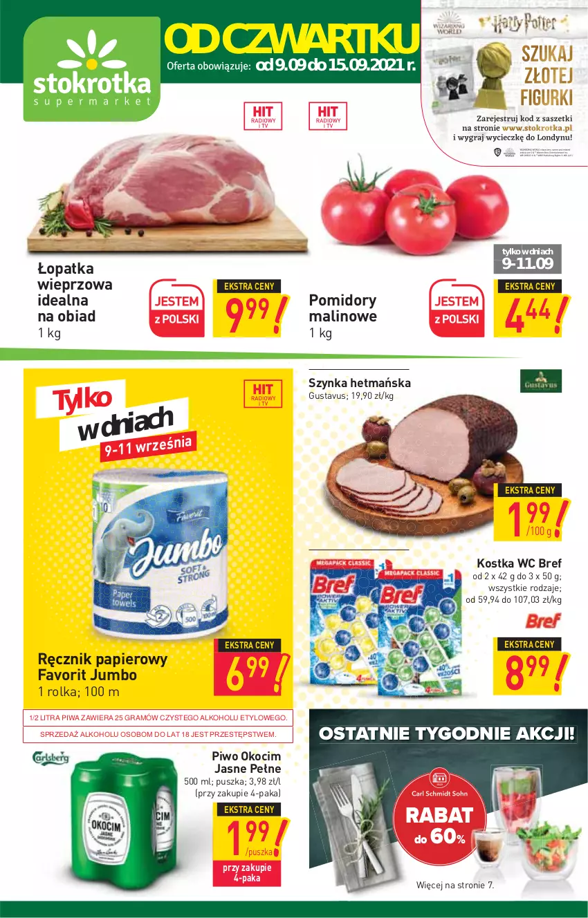 Gazetka promocyjna Stokrotka - Supermarket - ważna 09.09 do 15.09.2021 - strona 1 - produkty: Bref, Fa, Gra, Koc, Okocim, Papier, Piwa, Piwo, Pomidory, Ręcznik, Szynka