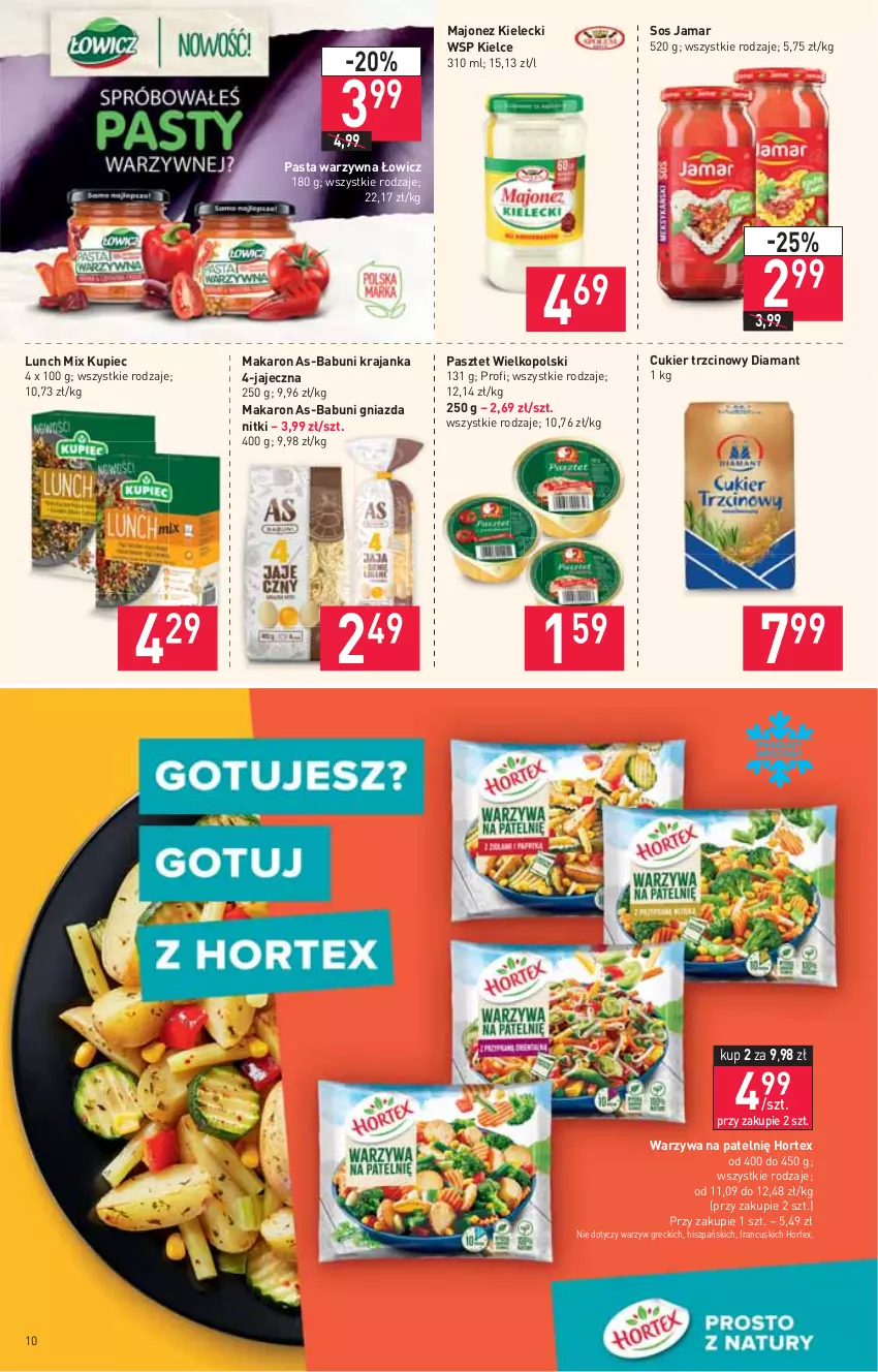 Gazetka promocyjna Stokrotka - Supermarket - ważna 09.09 do 15.09.2021 - strona 10 - produkty: Babuni, Cukier, Cukier trzcinowy, Diamant, Hortex, Kupiec, Majonez, Makaron, Pasta warzywna, Pasztet, Piec, Sos, Warzywa