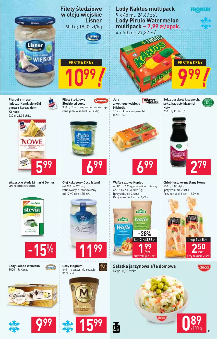 Gazetka promocyjna Stokrotka - Supermarket - ważna 09.09 do 15.09.2021 - strona 11 - produkty: Chleb, Chleb tostowy, Dega, Isla, Jaja, Jaja z wolnego wybiegu, Kaktus, Kokos, Kupiec, Kurczak, Lisner, Lody, Melon, Olej, Olej kokosowy, Piec, Pieczarka, Pierogi, Rolada, Ryż, Sałat, Sałatka, Ser, Sok, Wafle