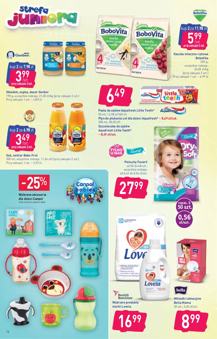 Gazetka promocyjna Stokrotka - Supermarket - ważna 09.09 do 15.09.2021 - strona 14 - produkty: Aquafresh, Bell, Bella, BoboVita, Canpol, Deser, Dzieci, Fa, Gerber, Lovela, Nektar, Pasta do zębów, Pieluchy, Płyn do płukania, Ryż, Ser, Sok, Szczoteczka, Szczoteczka do zębów, Wkładki