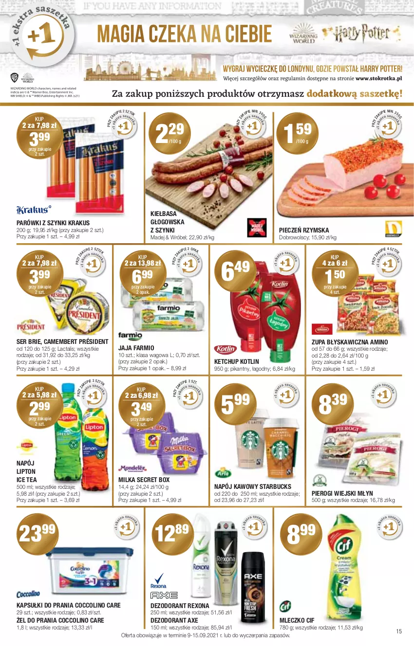 Gazetka promocyjna Stokrotka - Supermarket - ważna 09.09 do 15.09.2021 - strona 15 - produkty: Brie, Camembert, Cif, Coccolino, Dezodorant, Fa, Ice tea, Jaja, Kapsułki do prania, Ketchup, Kiełbasa, Kiełbasa głogowska, Kotlin, Krakus, Lipton, Milka, Mleczko, Napój, Parówki, Parówki z szynki, Piec, Pieczeń rzymska, Pierogi, Président, Rexona, Ser, Zupa