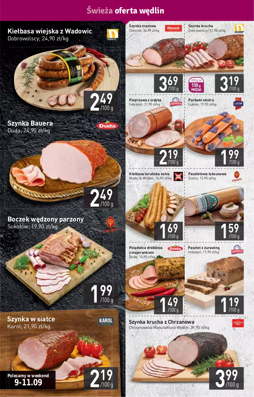 Gazetka promocyjna Stokrotka - Supermarket - ważna 09.09 do 15.09.2021 - strona 4 - produkty: Boczek, Chrzan, Duda, Fa, HP, Kiełbasa, Kiełbasa wiejska, Olewnik, Parówki, Pasztet, Pieprz, Polędwica, Sok, Sokołów, Szynka