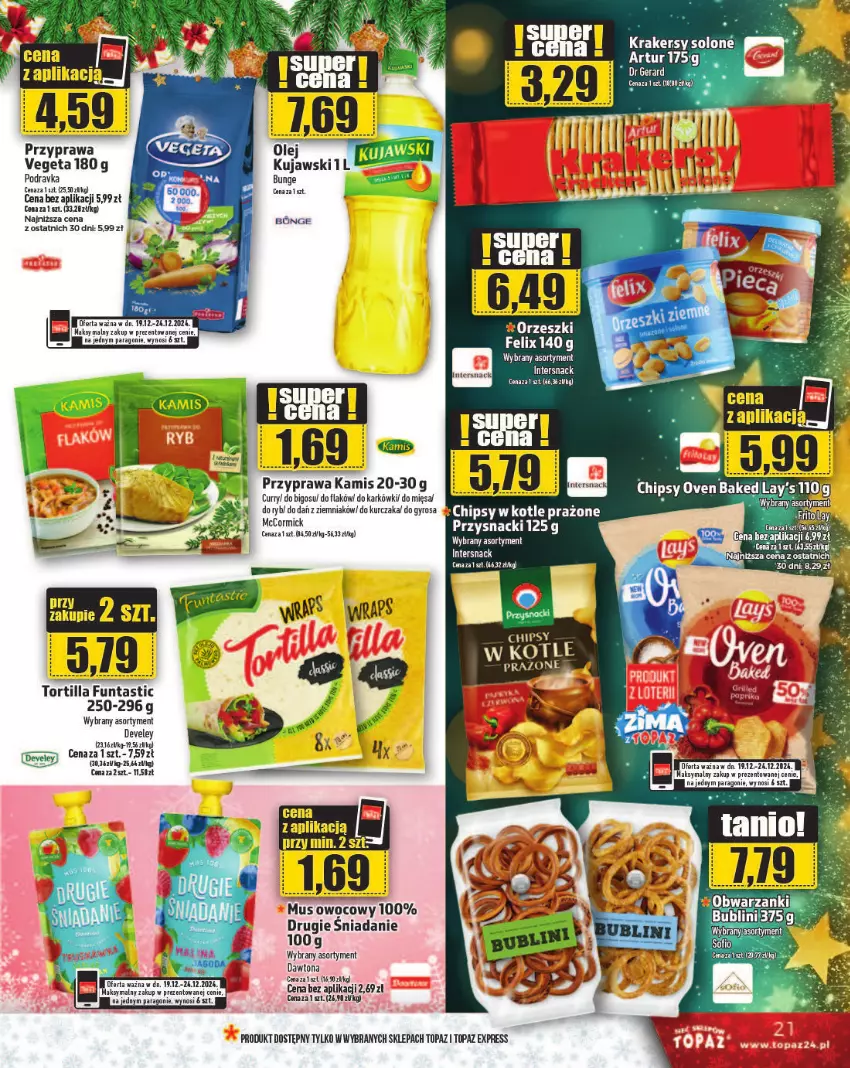 Gazetka promocyjna Topaz - Gazetka - ważna 19.12 do 25.12.2024 - strona 21 - produkty: Artur, Bigos, Dawtona, Gyros, Kamis, Krakersy, Kujawski, Kurczak, Mus, Orzeszki, Podravka, Przysnacki, Top, Tortilla, Vegeta