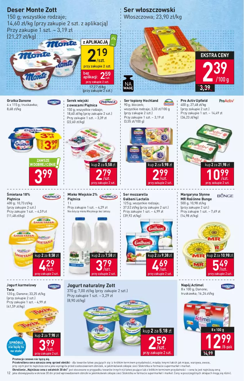 Gazetka promocyjna Stokrotka - Supermarket - ważna 25.01 do 31.01.2024 - strona 12 - produkty: Actimel, Danone, Deser, Galbani, Gra, Hochland, Jogurt, Jogurt naturalny, Margaryna, Mięso, Mleko, Monte, Mozzarella, Napój, Owoce, Piątnica, Ser, Ser topiony, Serek, Serek wiejski, Słynne, Słynne MR Roślinne, Top, Twix, Warzywa, Włoszczowski, Zott