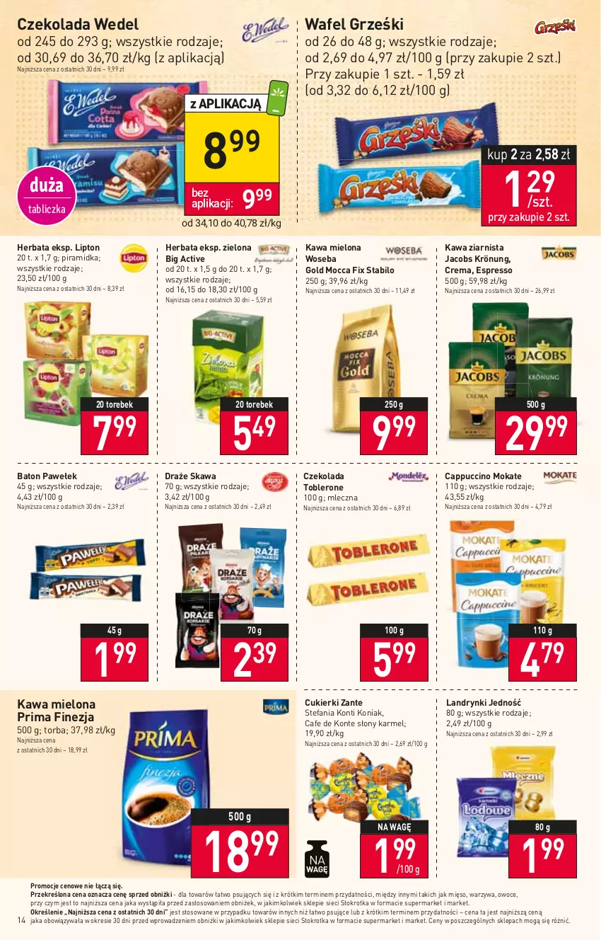 Gazetka promocyjna Stokrotka - Supermarket - ważna 25.01 do 31.01.2024 - strona 14 - produkty: Baton, Cappuccino, Cukier, Cukierki, Czekolada, Fa, Grześki, Herbata, Jacobs, Jacobs Krönung, Kawa, Kawa mielona, Kawa ziarnista, Lipton, Mięso, Owoce, Prima, Toblerone, Torba, Warzywa, Woseba