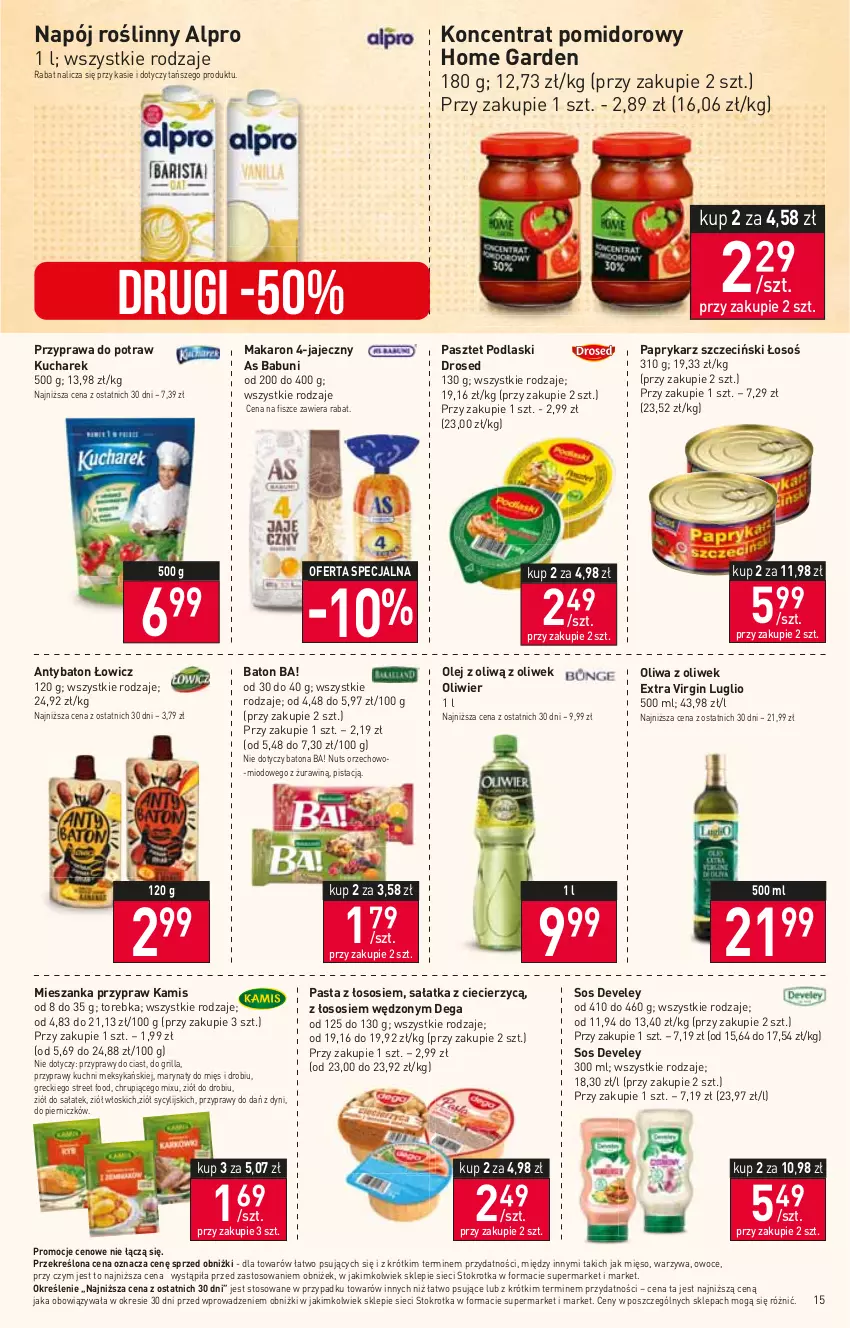 Gazetka promocyjna Stokrotka - Supermarket - ważna 25.01 do 31.01.2024 - strona 15 - produkty: Alpro, Ba!, Babuni, Baton, Dega, Gin, Grill, Kamis, Koncentrat pomidorowy, Kucharek, Makaron, Mięso, Napój, Napój roślinny, Olej, Oliwa z oliwek, Owoce, Papryka, Paprykarz, Paprykarz szczeciński, Pasztet, Podlaski, Przyprawa do potraw, Przyprawy, Sałat, Sałatka, Sos, Torebka, Warzywa