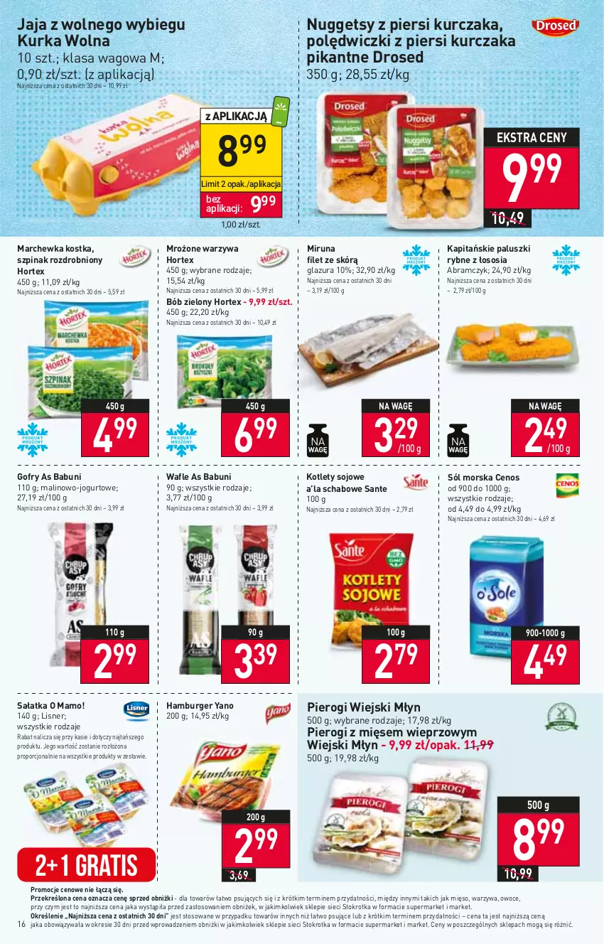 Gazetka promocyjna Stokrotka - Supermarket - ważna 25.01 do 31.01.2024 - strona 16 - produkty: Babuni, Burger, Cenos, Glazura, Gofry, Gra, Hamburger, Hortex, Jaja, Jaja z wolnego wybiegu, Jogurt, Kotlet, Kurczak, Lazur, Lisner, Marchewka, Mięso, Miruna, Owoce, Paluszki rybne, Pierogi, Por, Sałat, Sałatka, Sante, Sól, Sos, Szpinak, Wafle, Warzywa