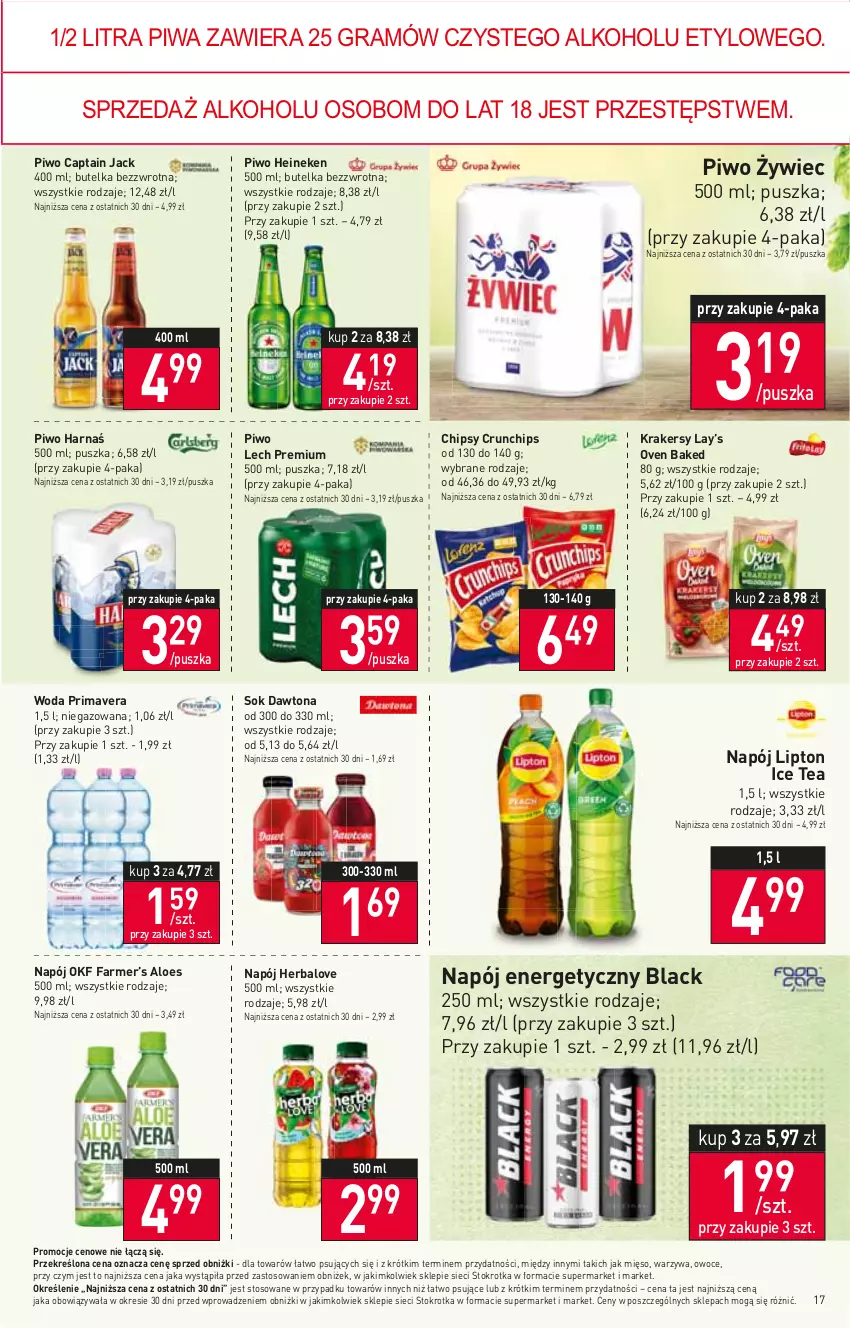 Gazetka promocyjna Stokrotka - Supermarket - ważna 25.01 do 31.01.2024 - strona 17 - produkty: Captain Jack, Chipsy, Crunchips, Dawtona, Fa, Gra, Harnaś, Heineken, Ice tea, Krakersy, Lack, Lay’s, Lech Premium, Lipton, Mięso, Napój, Napój energetyczny, Owoce, Piwa, Piwo, Prima, Primavera, Sok, Warzywa, Woda