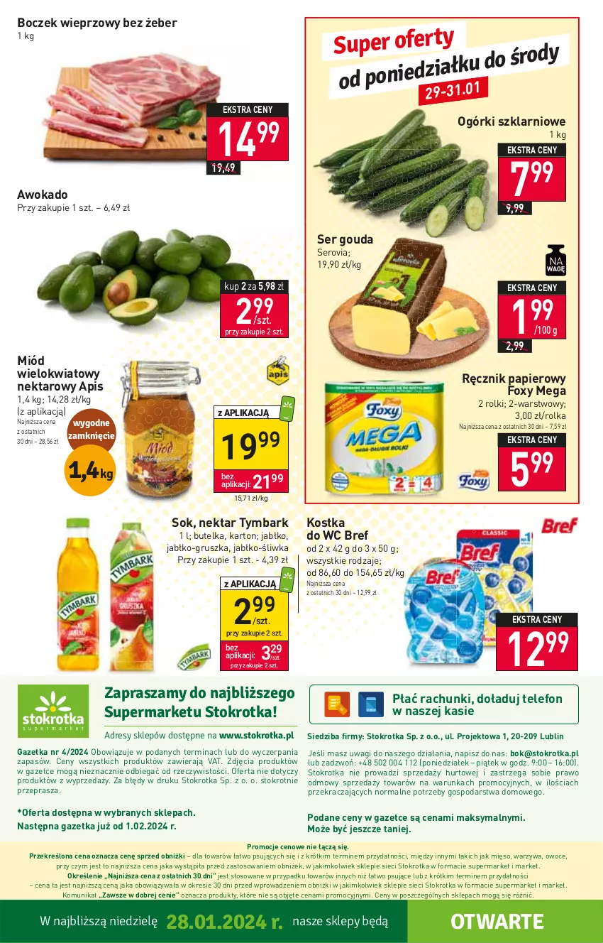 Gazetka promocyjna Stokrotka - Supermarket - ważna 25.01 do 31.01.2024 - strona 20 - produkty: Boczek, Boczek wieprzowy, Bref, Foxy, Gouda, Kostka do wc, Mięso, Miód, Nektar, O nas, Owoce, Papier, Ręcznik, Rolki, Ser, Sok, Telefon, Tymbark, Wagi, Warzywa