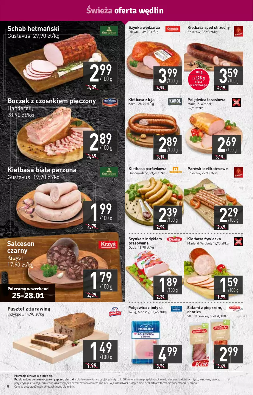 Gazetka promocyjna Stokrotka - Supermarket - ważna 25.01 do 31.01.2024 - strona 8 - produkty: Boczek, Duda, HP, Kiełbasa, Kiełbasa biała, Mięso, Morliny, Olewnik, Owoce, Parówki, Pasztet, Piec, Pieprz, Polędwica, Salami, Salceson, Sok, Sokołów, Sos, Szynka, Warzywa