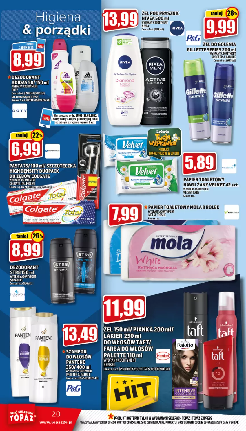 Gazetka promocyjna Topaz - Gazetka - ważna 25.08 do 31.08.2022 - strona 20 - produkty: Adidas, Colgate, Dezodorant, Fa, Farba do włosów, Gillette, Koc, Lakier, LG, Mola, Nivea, Pantene, Papier, Papier toaletowy, Ser, Sok, Str8, Szczoteczka, Taft, Top, Velvet