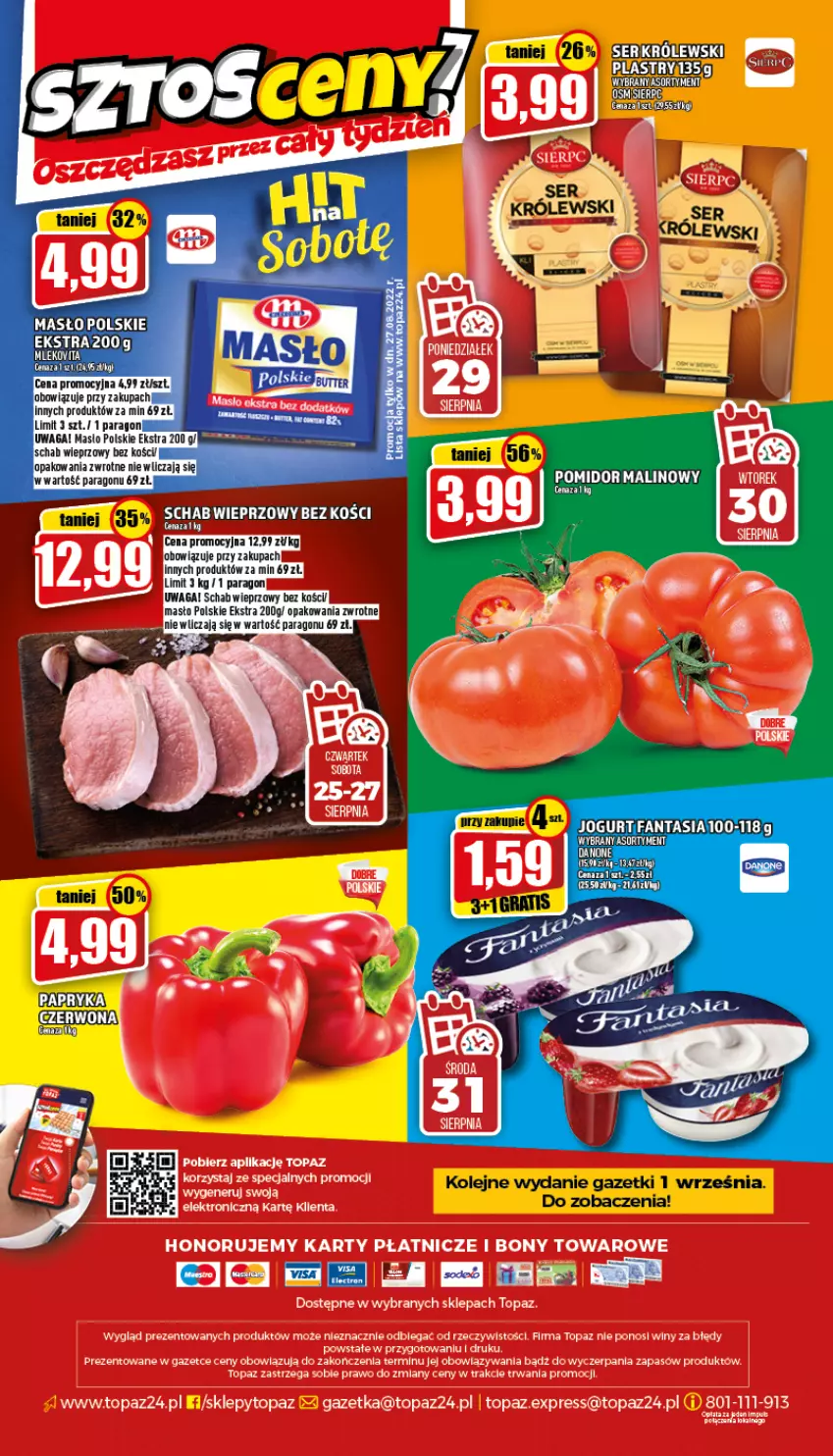 Gazetka promocyjna Topaz - Gazetka - ważna 25.08 do 31.08.2022 - strona 24 - produkty: Fa, Fanta, Jogurt, Masło, Mleko, Mlekovita, Olej, Papryka, Pomidor malinowy, Schab wieprzowy, Top, Vita C, Waga