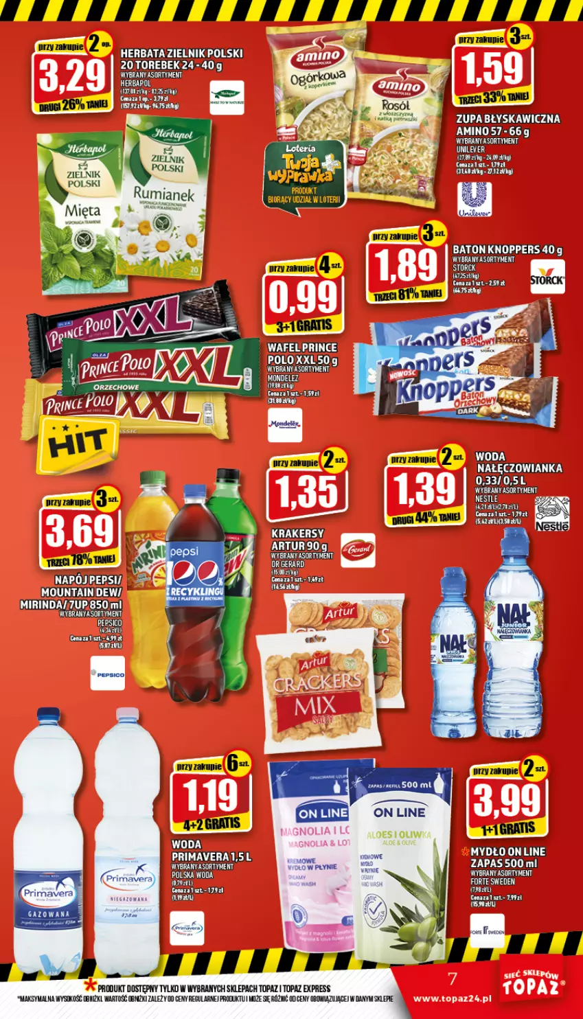 Gazetka promocyjna Topaz - Gazetka - ważna 25.08 do 31.08.2022 - strona 7 - produkty: Artur, Gra, Herbata, Mięta, Mirinda, Pepsi, Prima, Primavera, Prince Polo, Rosół, Sok, Top, Woda