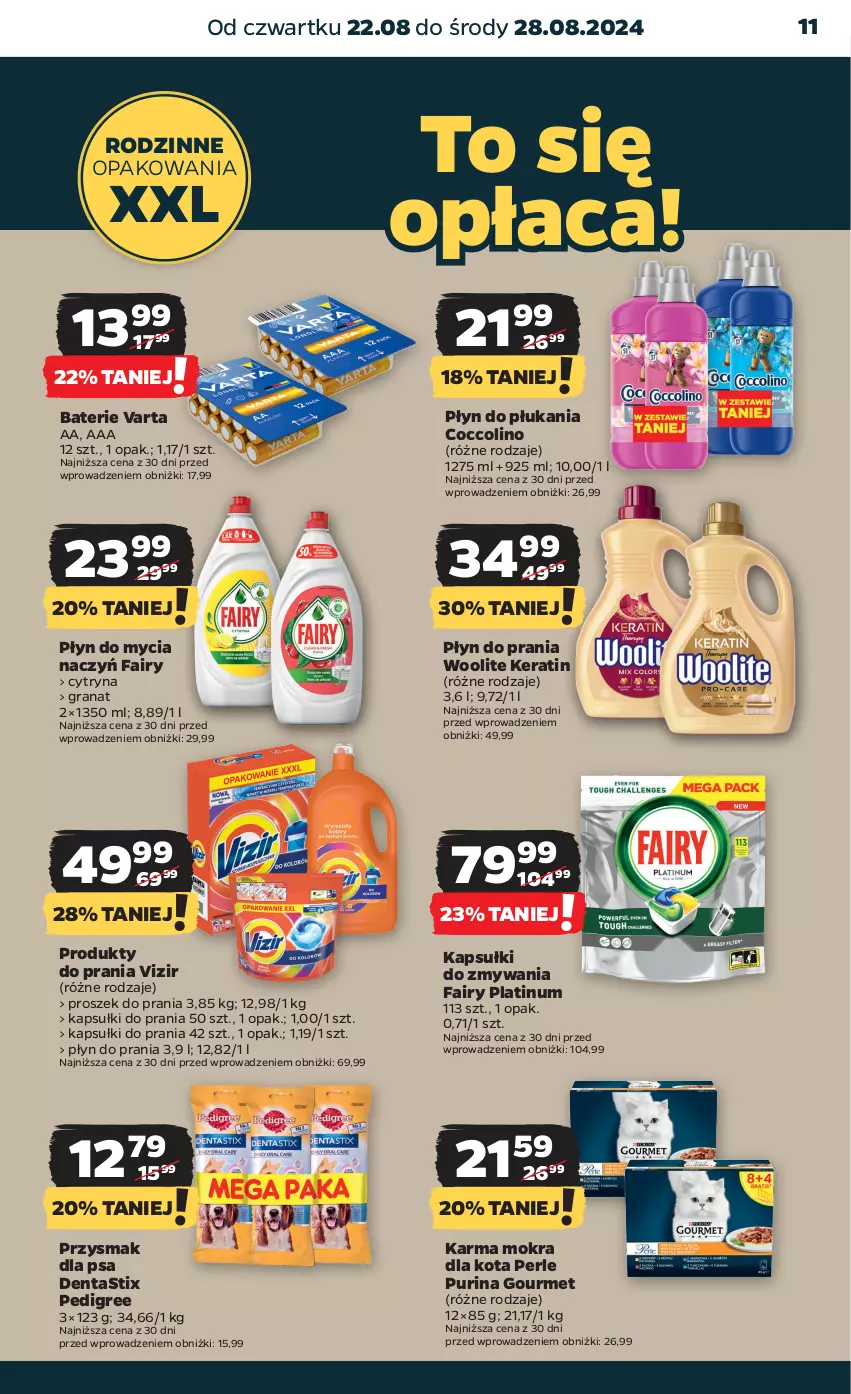 Gazetka promocyjna Netto - Artykuły spożywcze - ważna 22.08 do 28.08.2024 - strona 11 - produkty: Coccolino, Do mycia naczyń, Fa, Fairy, Gra, Granat, Kapsułki do prania, Pedigree, Płyn do mycia, Płyn do mycia naczyń, Płyn do płukania, Płyn do prania, Proszek do prania, Przysmak dla psa, Pur, Purina, Varta, Vizir, Woolite