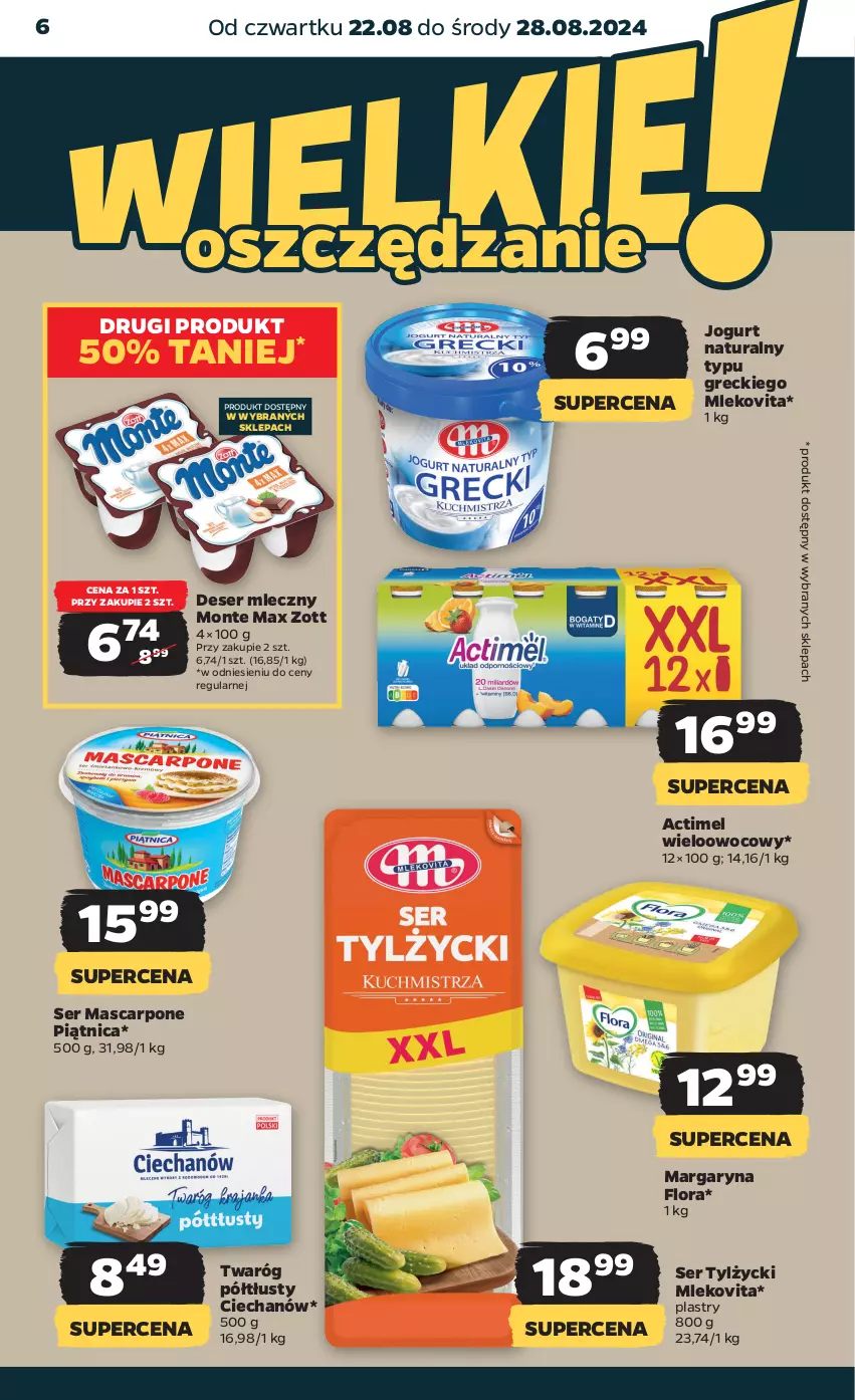 Gazetka promocyjna Netto - Artykuły spożywcze - ważna 22.08 do 28.08.2024 - strona 6 - produkty: Actimel, Deser, Deser mleczny, Flora, Jogurt, Jogurt naturalny, Margaryna, Mascarpone, Mleko, Mlekovita, Monte, Piątnica, Ser, Ser tylżycki, Twaróg, Twaróg półtłusty, Zott