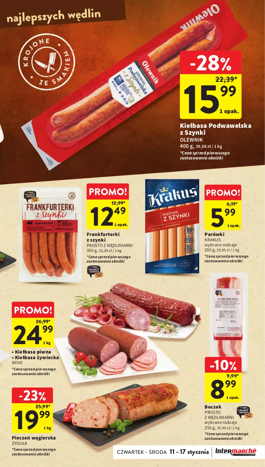 Gazetka promocyjna Intermarche - Gazetka Intermarche - ważna 11.01 do 17.01.2024 - strona 17 - produkty: Boczek, Frankfurterki, Kiełbasa, Kiełbasa piwna, Kiełbasa podwawelska, Krakus, Olewnik, Parówki, Piec, Wawel