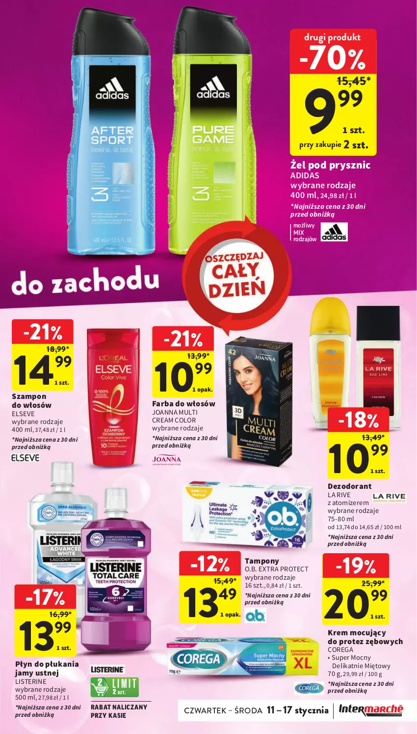 Gazetka promocyjna Intermarche - Gazetka Intermarche - ważna 11.01 do 17.01.2024 - strona 35 - produkty: Adidas, Corega, Dezodorant, Elseve, Fa, Farba do włosów, Joanna, La Rive, Listerine, O.B., Płyn do płukania, Płyn do płukania jamy ustnej, Szampon, Tampony