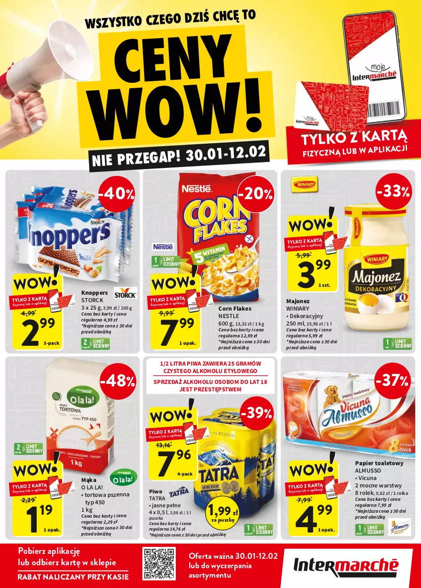 Gazetka promocyjna Intermarche - Gazetka Intermarche - ważna 30.01 do 12.02.2025 - strona 2 - produkty: Corn flakes, Gra, Knoppers, Majonez, Mąka, Mus, Papier, Papier toaletowy, Piwa, Piwo, Tatra, Winiary