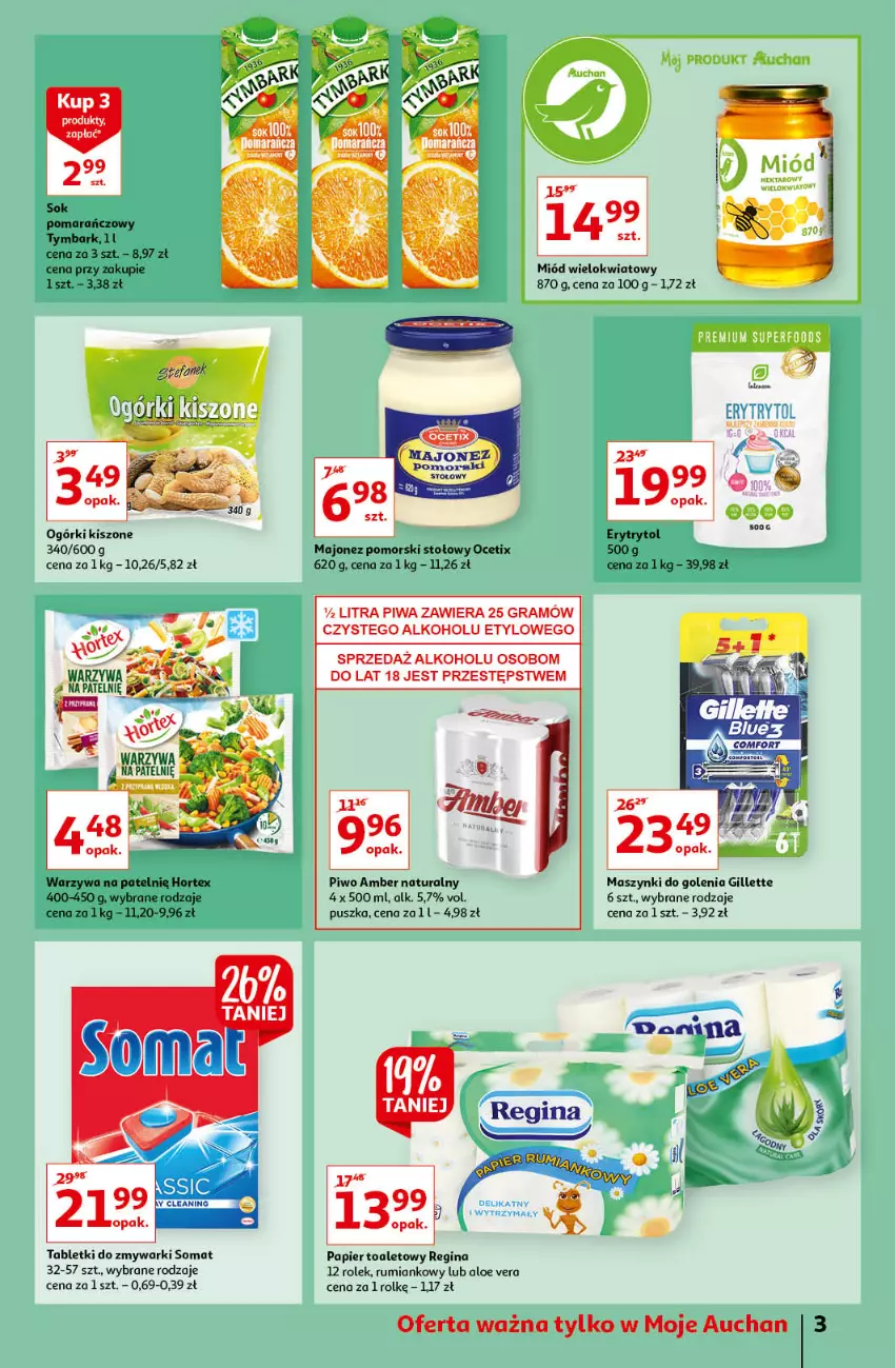 Gazetka promocyjna Auchan - Tygdniowe przeNISKIE CENY Moje Auchan - ważna 10.02 do 16.02.2022 - strona 3 - produkty: Aloe vera, Gillette, Gin, Gra, Hortex, Majonez, Miód, Ocet, Papier, Papier toaletowy, Piwa, Piwo, Rum, Sok, Somat, Tablet, Tabletki do zmywarki, Tymbark, Warzywa, Zmywarki