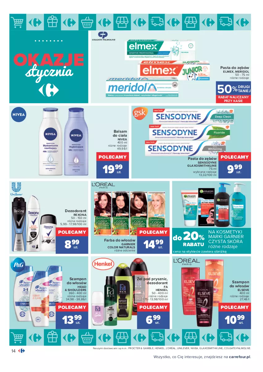 Gazetka promocyjna Carrefour - Gazetka Carrefour Okazje stycznia - ważna 03.01 do 31.01.2022 - strona 14 - produkty: Balsam do ciała, Colgate, Dezodorant, Elmex, Elseve, Fa, Farba do włosów, Garnier, L’Oréal, LG, Nivea, Palmolive, Pasta do zębów, Rexona, Sensodyne, Szampon