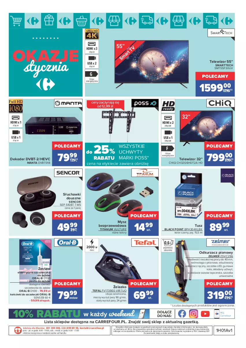 Gazetka promocyjna Carrefour - Gazetka Carrefour Okazje stycznia - ważna 03.01 do 31.01.2022 - strona 21 - produkty: Elektryczna szczoteczka, Fa, Gra, Końcówki do szczoteczk, Lack, Manta, Mysz, Mysz bezprzewodowa, O nas, Odkurzacz, Pasta do zębów, Sencor, Słuchawki, Szczoteczka, Szczoteczka do zębów, Szczotka, Tefal, Telewizor, Top, Tusz, Uchwyty, Virtu, Zelmer