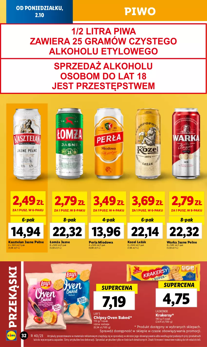 Gazetka promocyjna Lidl - GAZETKA - ważna 02.10 do 04.10.2023 - strona 40 - produkty: Chipsy, Gra, Kasztelan, Kozel, Krakersy, Lajkonik, Lay’s, Perła, Piwa, Piwo, Warka