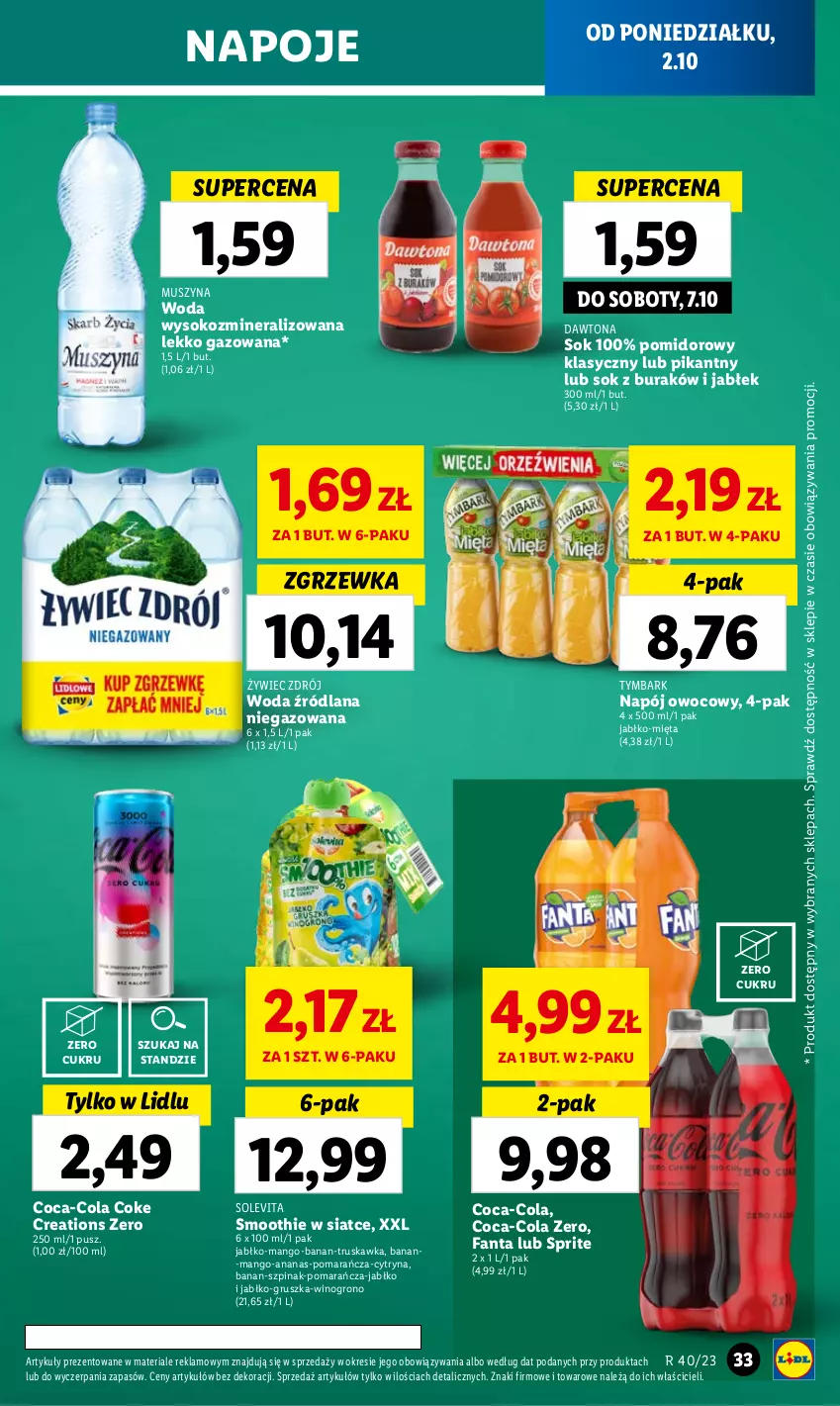 Gazetka promocyjna Lidl - GAZETKA - ważna 02.10 do 04.10.2023 - strona 41 - produkty: Ananas, Coca-Cola, Dawtona, Fa, Fanta, LANA, Mango, Mięta, Mus, Napój, Napoje, Smoothie, Sok, Sprite, Szpinak, Szyna, Tymbark, Wino, Woda