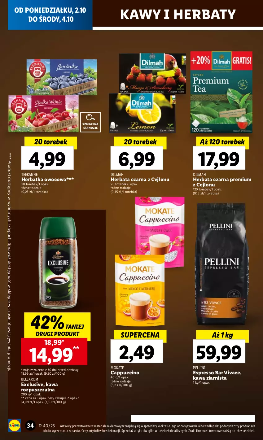 Gazetka promocyjna Lidl - GAZETKA - ważna 02.10 do 04.10.2023 - strona 42 - produkty: Bell, Bella, Cappuccino, Dilmah, Herbata, Herbata czarna, Kawa, Kawa rozpuszczalna, Kawa ziarnista, Teekanne, Torebka