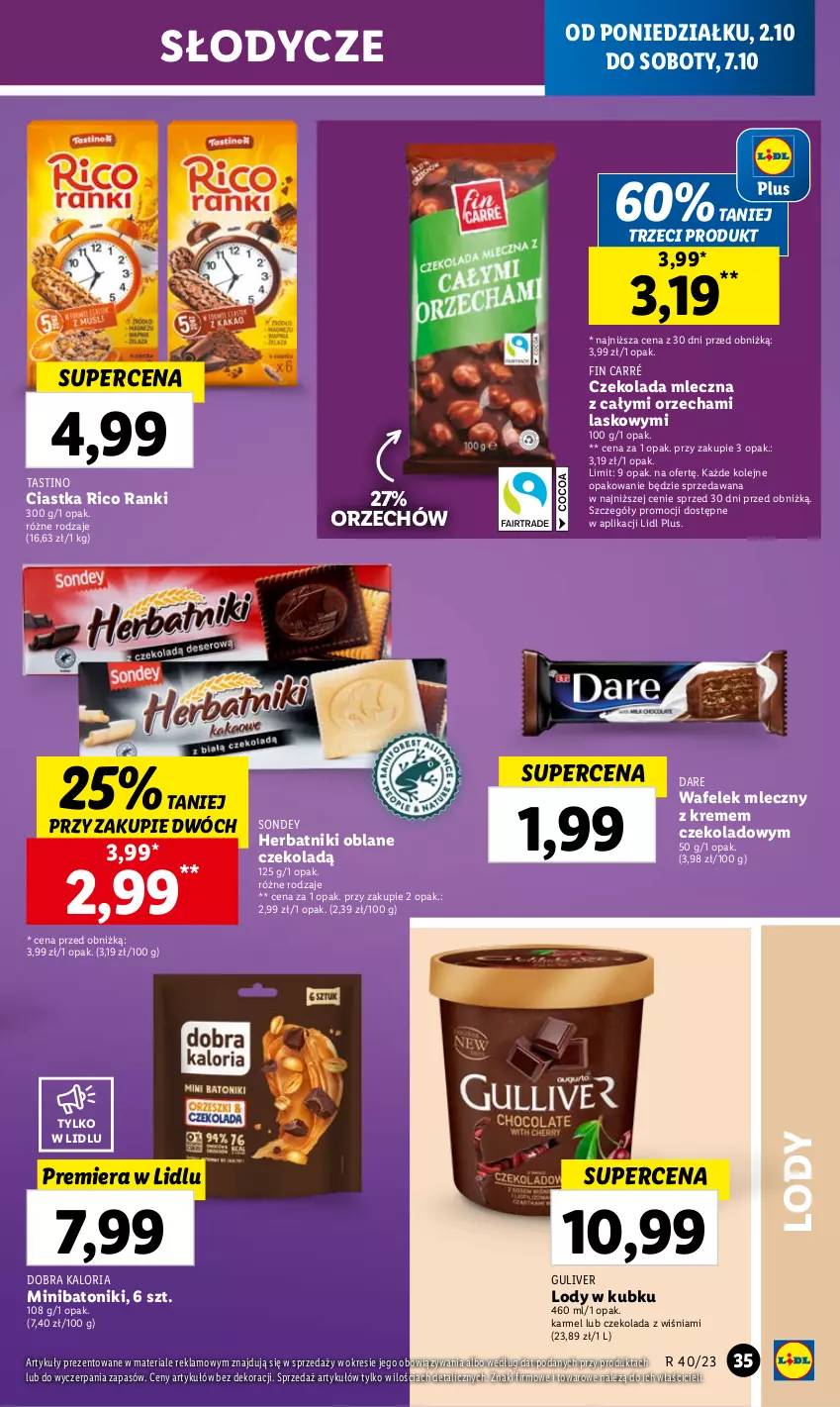 Gazetka promocyjna Lidl - GAZETKA - ważna 02.10 do 04.10.2023 - strona 43 - produkty: Baton, Ciastka, Czekolada, Czekolada mleczna, Herbatniki, Lody, Olej, Tonik, Wafelek