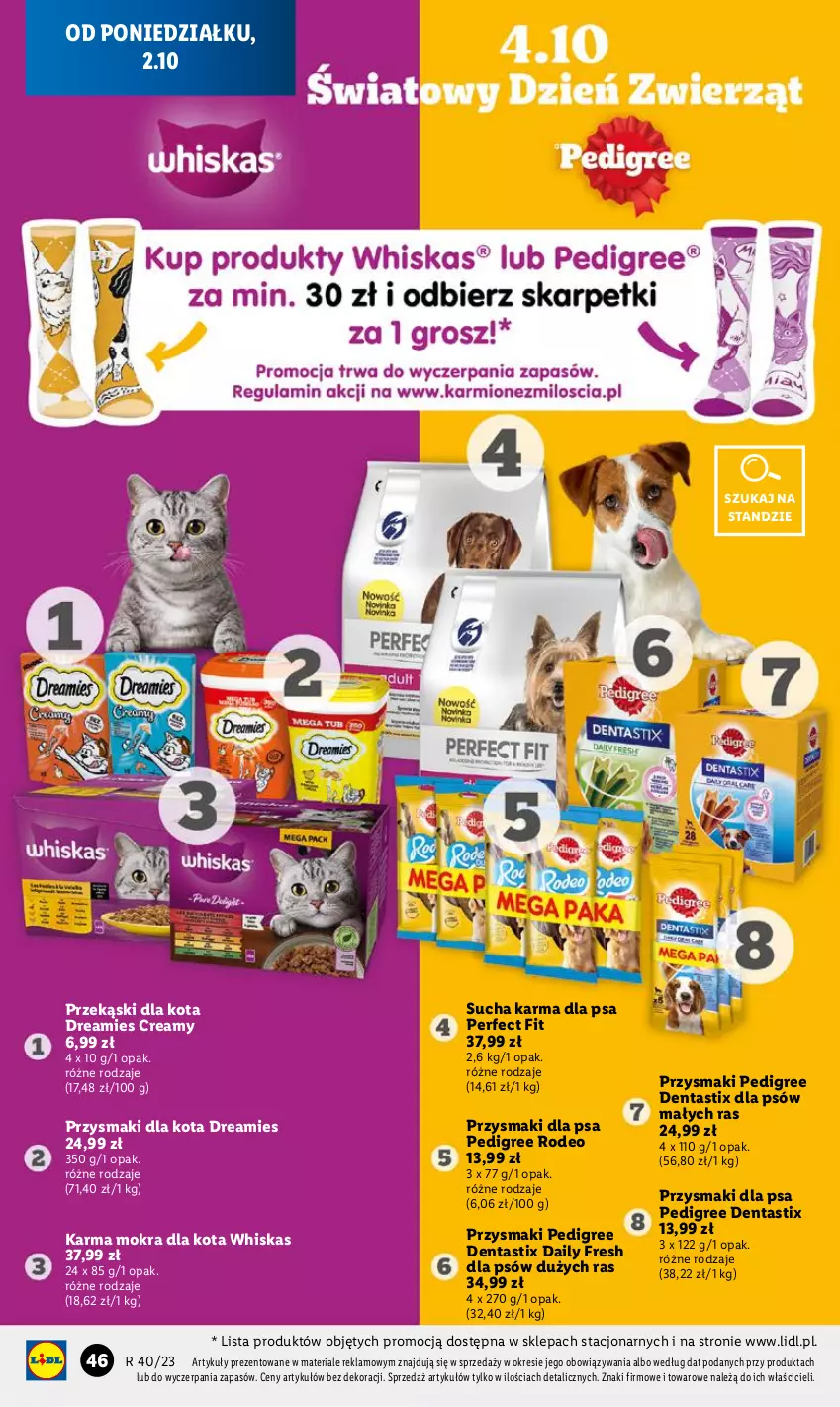 Gazetka promocyjna Lidl - GAZETKA - ważna 02.10 do 04.10.2023 - strona 54 - produkty: Pedigree, Przekąski dla kota, Przysmaki, Sucha karma, Whiskas