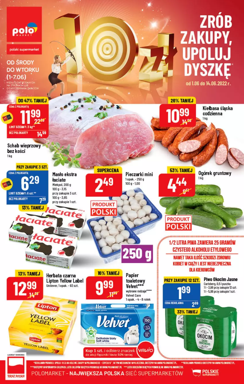 Gazetka promocyjna PoloMarket - Gazetka pomocyjna - ważna 01.06 do 07.06.2022 - strona 1 - produkty: Herbata, Herbata czarna, Koc, Lipton, Masło, Okocim, Papier, Piec, Piwo, Schab wieprzowy, Top, Velvet